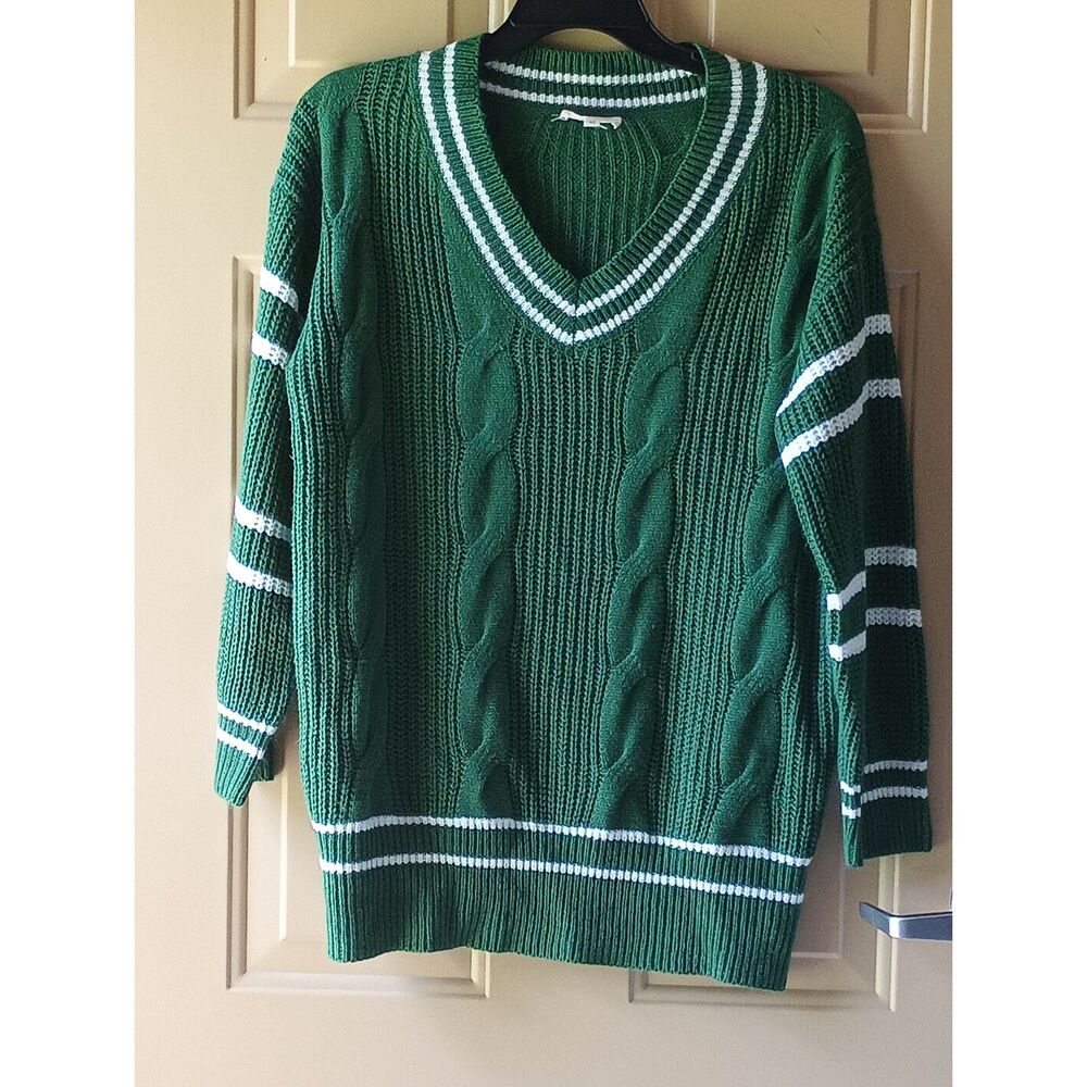Vanilla Bay Green Cable Knit Varsity Stripe V-Neck Sweater Size Medium